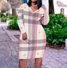 Women Plus Size V Neck Long Sleeve Pink Gray Plaid Printed Fitted Dress
