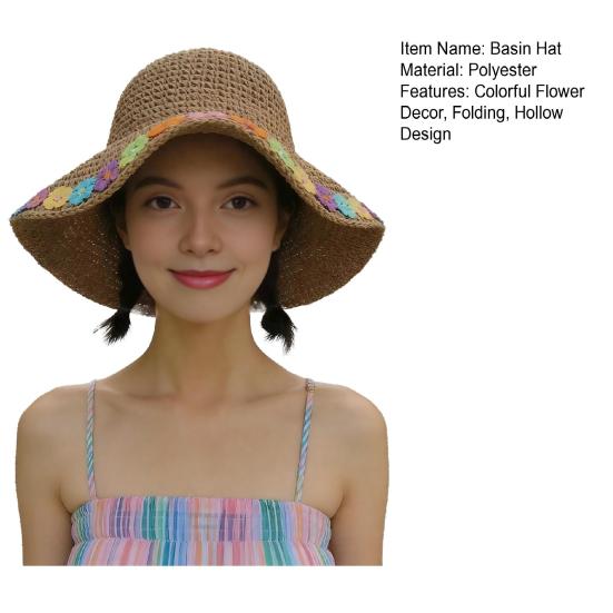 Beach Hat Hollow Design Large Eaves UV Blocking Colorful Flower Decoration Sun Protection Hat Portable Hand-Crocheted Straw Hat