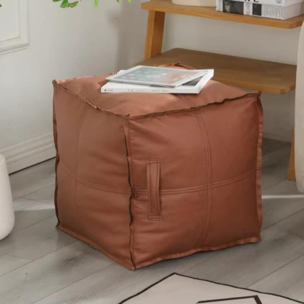 PU Leather Square Pouf Cover Waterproof Unstuffed Sofa Footstool Cover Large Capacity with Handle Ottoman Cover Home Decor