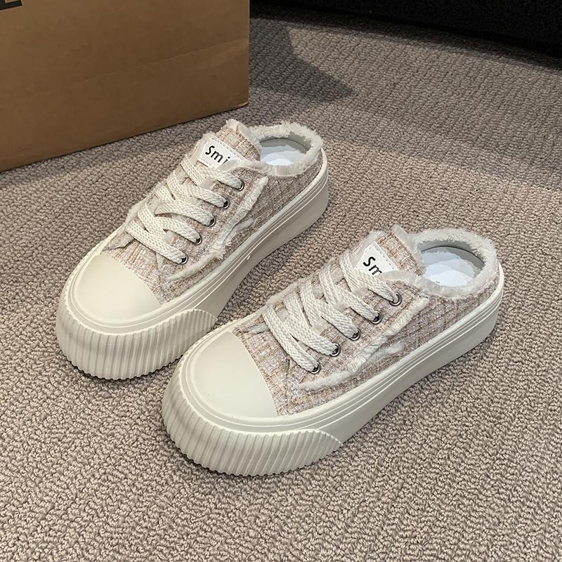 New Fashion Women's Thick Slippers with Baotou Women's Summer Outfit Spring and Autumn Slip-on White Canvas Shoes Zapatos Mujer