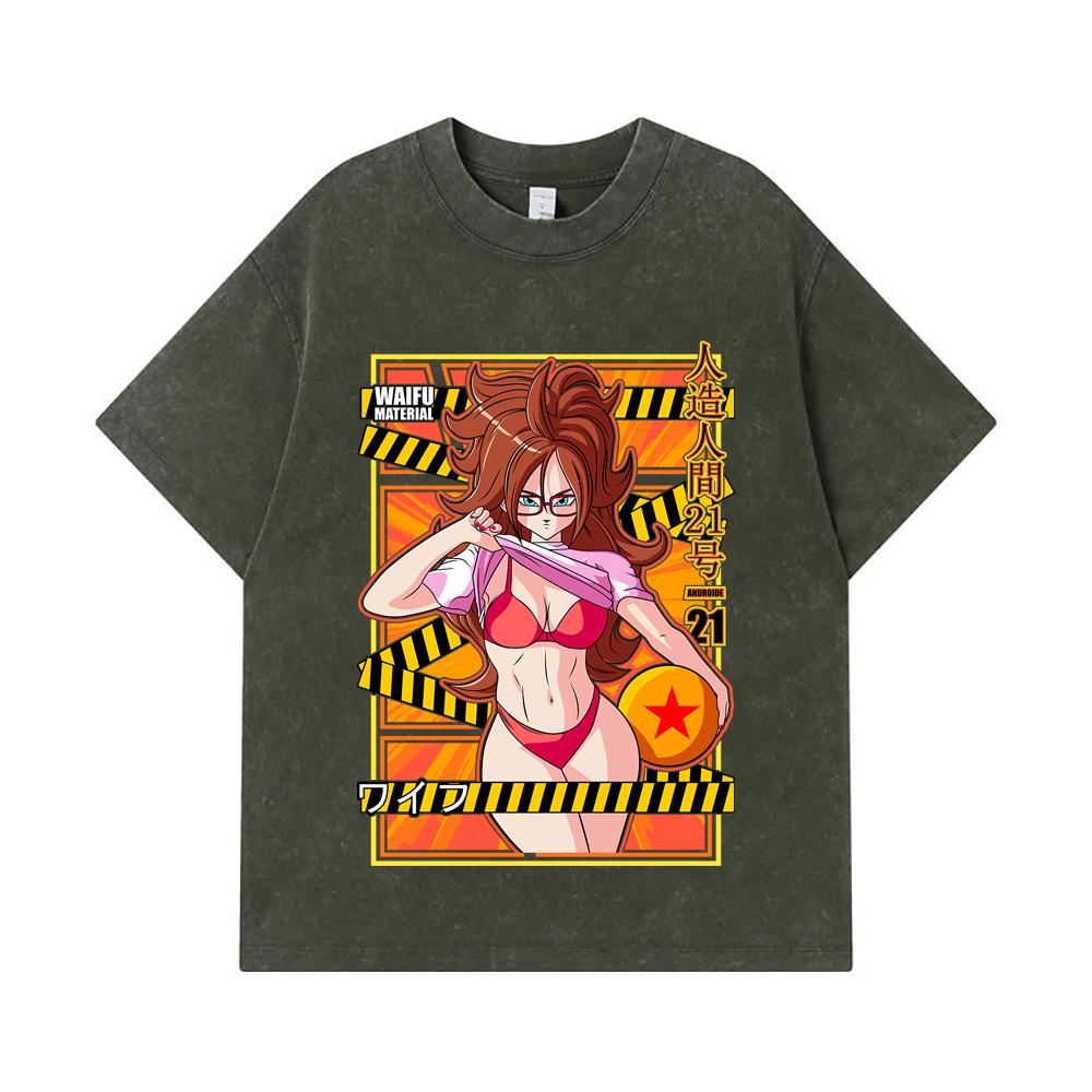 

275 GSM Washed T-shirts 100% Cotton Dragon Ball V25 Android 21 Waifu Print Unisex Heavy Cotton T Shirt S армия зеленый