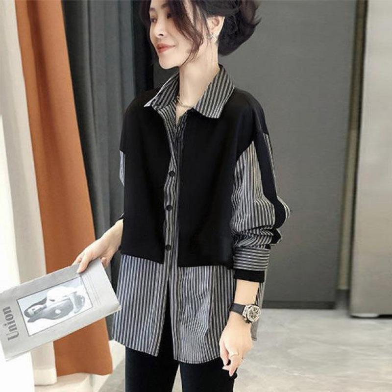 Striped long-sleeved women's shirt loose Hong Kong style fashion shirt fake two-piece splicing top 1116 new women's clothing