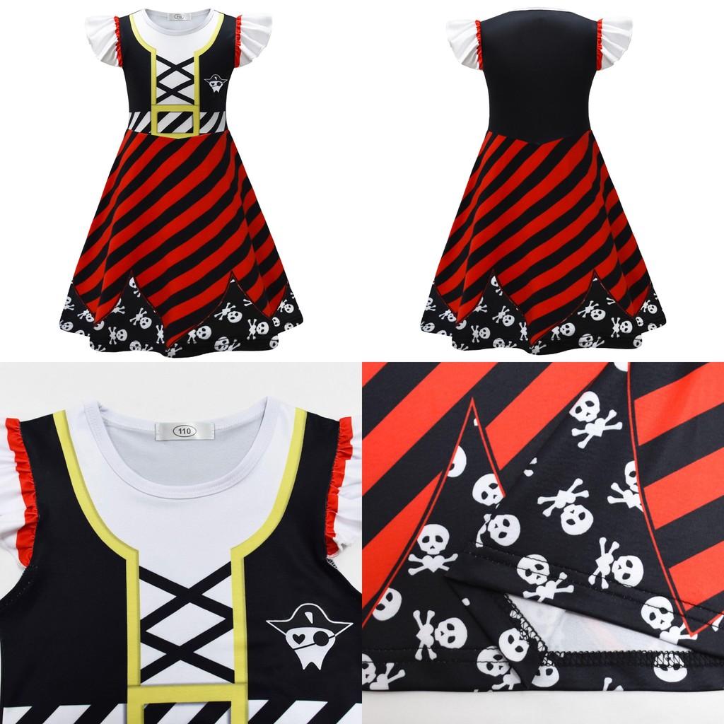 Skull Print Halloween Girls Dress With Ruffle Hem And Printed Fabric For Kids Age 3 To 8