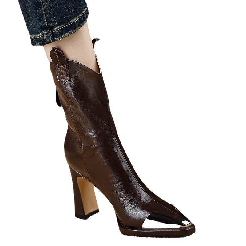 Foreign trade small ankle boots women's 2024 autumn and winter new sense pointed head thick heel leather boots high heels women's elegant short boots