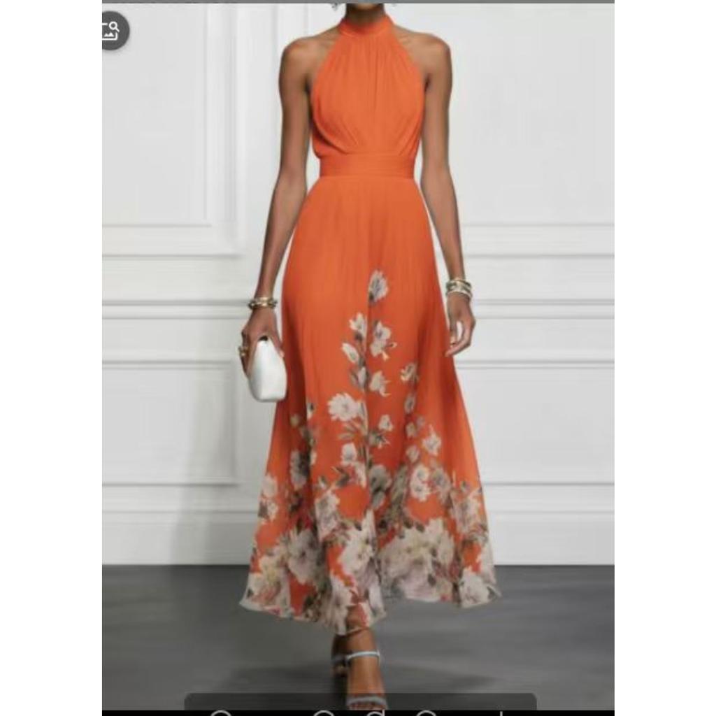 Women's Halter Neck Sleeveless Floral Print Maxi Dress High Waist Elegant Party Dress