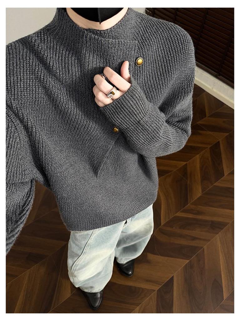 Hoge Hals Trui voor Mannen in Koreaanse Stijl met Onregelmatig Knopenontwerp - Trendy, Cool, Casual Gebreide Top