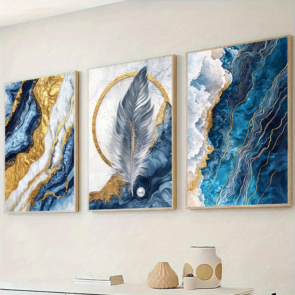 3pcs Art Deco Canvas Wall Art Set - Unframed Abstract Golden Blue Sea Feather Prints for Home Office, Bedroom, Living Room - Ind