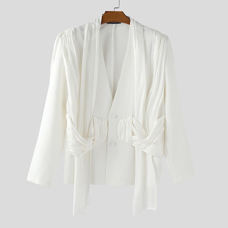 INCERUN Men V Neck Long Sleeve Glitter Ruffled Patchwork Thin Loose Party Blazer Coats