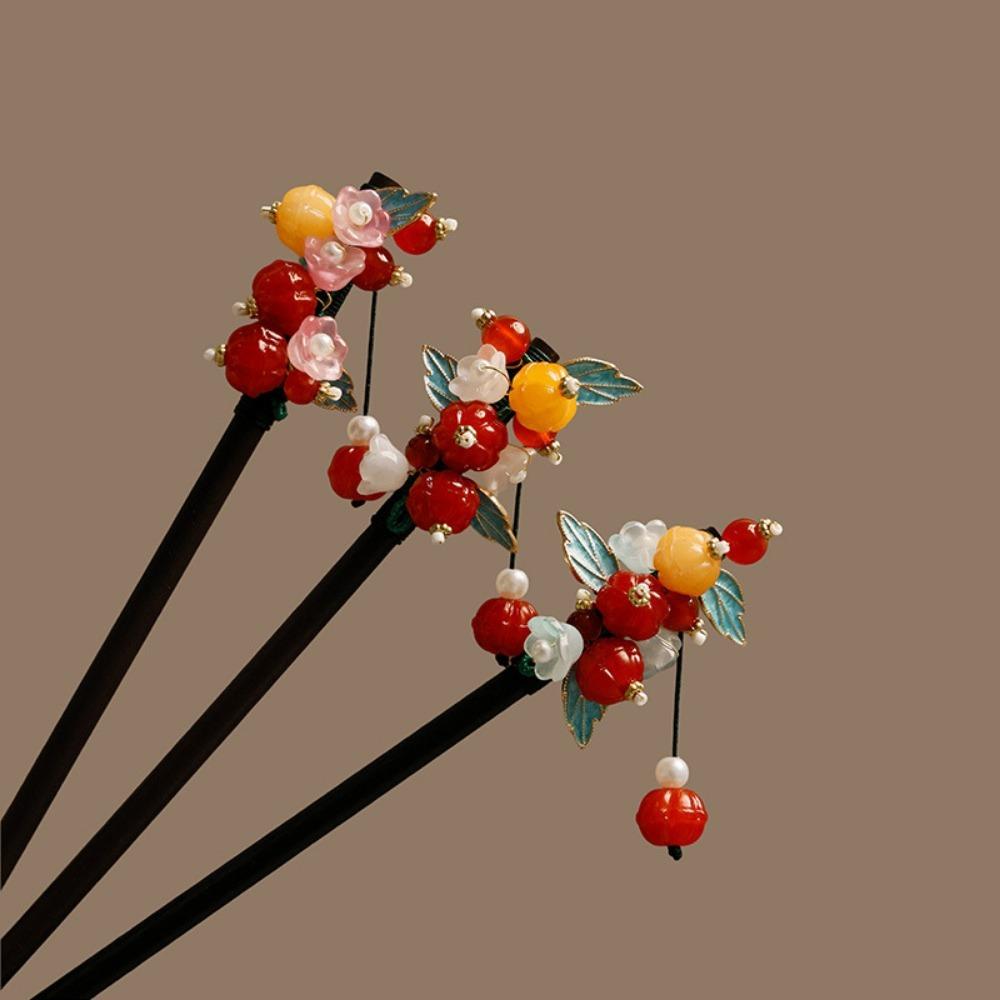 1pc Vintage Chinese Hair Sticks: Wooden with Colorful Beads,Flowers & LeavesAdd Elegant Oriental Charm to Traditional Outfits
