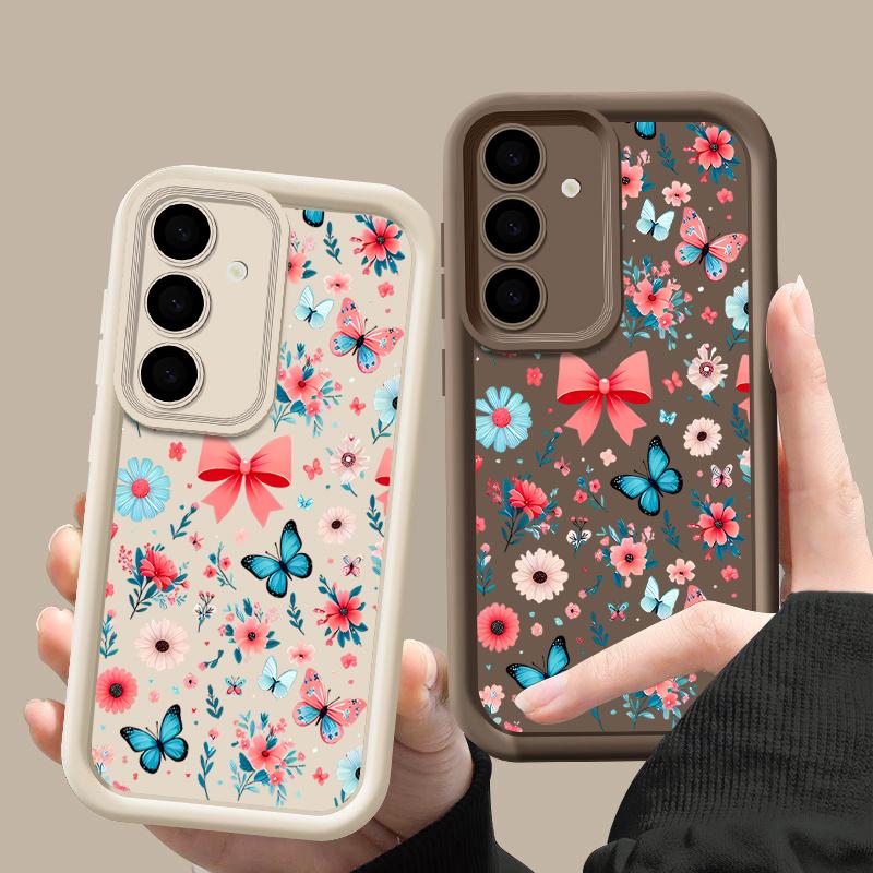 Butterfly Floral Pattern Anti-Fall Case For Samsung S25 Ultra S24 FE S23 S22 A56 A36 A26 A16 A15 A35 Matte Shockproof TPU Soft Phone Cover