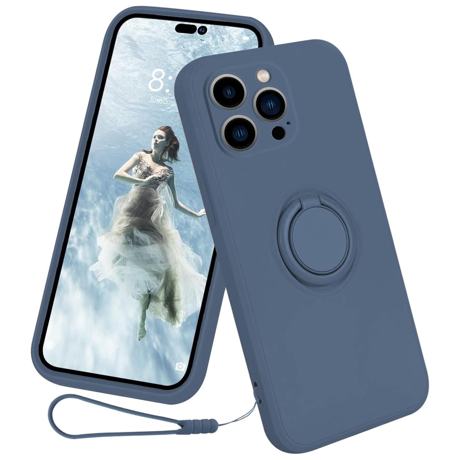 

For iPhone 15 Pro Ring Kickstand Case Liquid Silicone Anti-scratch Phone Cover with Wrist Rope Midnight Blue