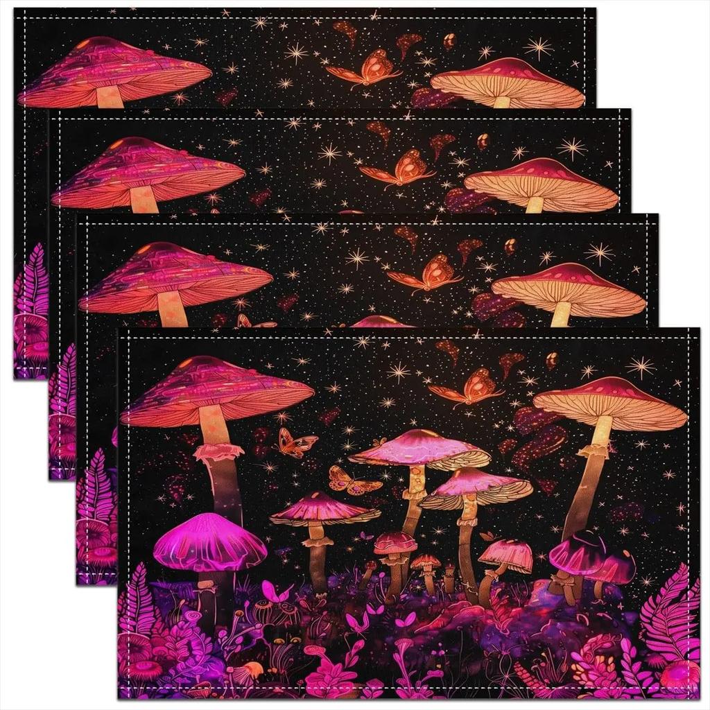 1PC Mushroom Decor Table Place Mats Longleg Mushroom Dragonfly Placemat for Kitchen Dining Table Decor
