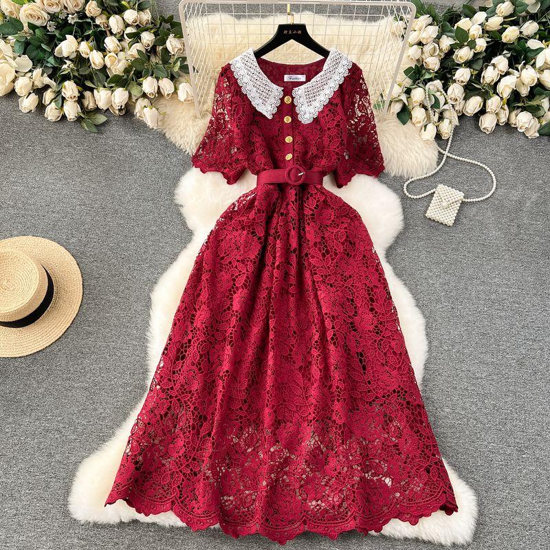 French Dress Female 2024 New Arrival Sweet Contrast-Color Doll Collar Breasted Silm Mid Length Long Length Lace Formal Dress
