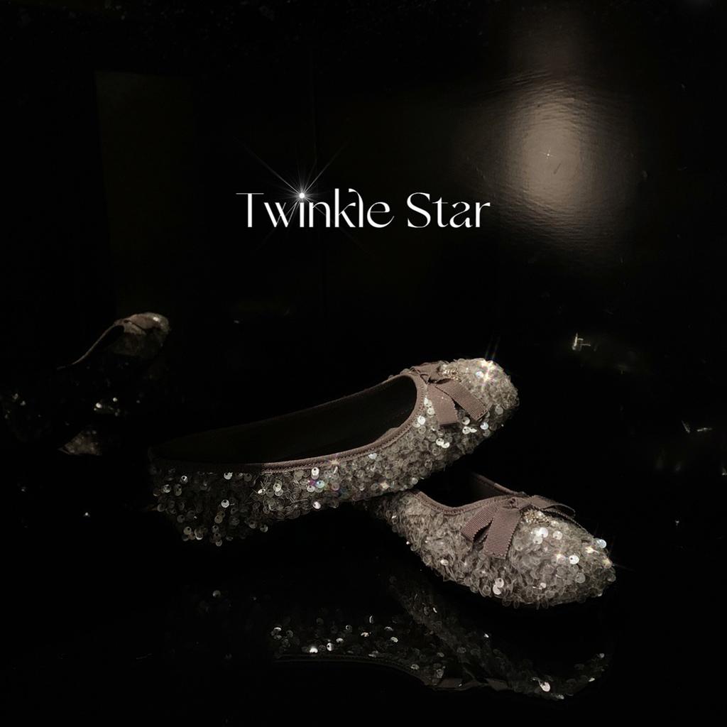 Shallow mouth sparkling beads bow temperament small thick sole one pedal single shoes female winter