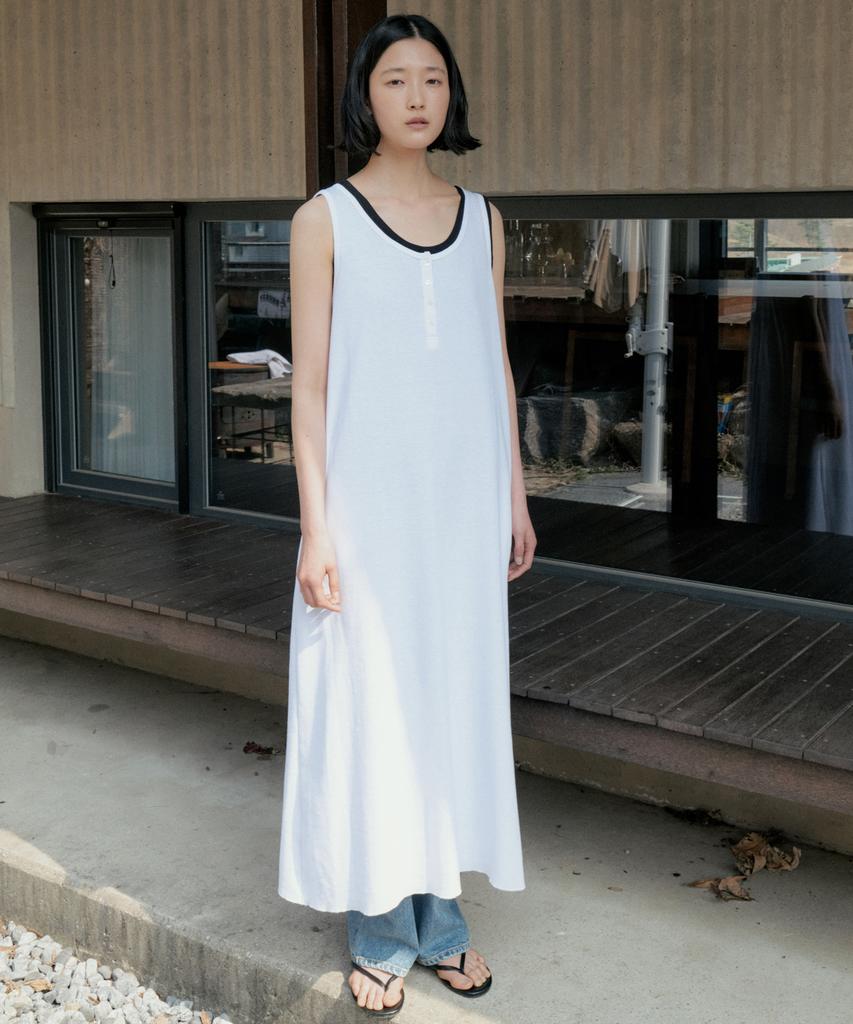 Step Around Waffle Jersey Henley Sleeveless Dress_White