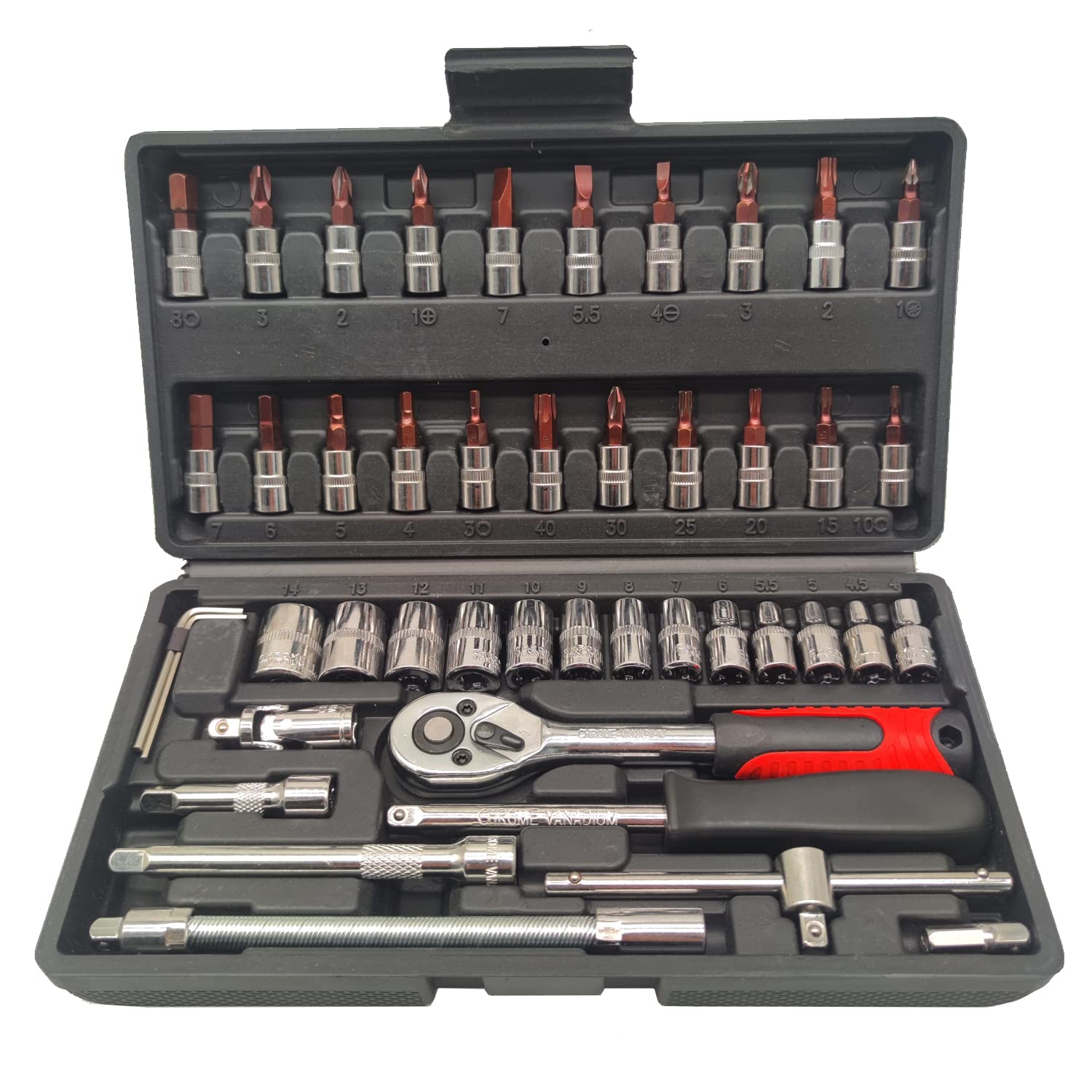 

Socket Wrench Set with Ratchet Hex and Ratchet Includes Case 46-Piece Wrench, 6.35mm (1/4 ) Drive, Sockets, Quick-Release Handle,