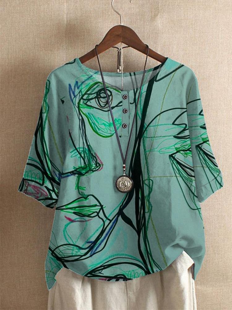 Women s Round Neck Three Quarter Sleeve Abstract Printed Loose Fit Streetwear Casual Blouse Tee S