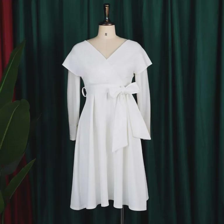 Sommar V-ringad Enfärgad Midja Knytskärp Swingklänning för Europeisk & Amerikansk Mode