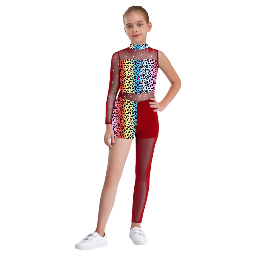 Girls Printed Gymnastics Leotard Star Leopard Snakeskin Design Shiny Rhinestones Sheer Mesh Patchwork Asymmetrical Bodysuit