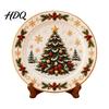 Winter Holiday Plate Wooden Christmas Round Plate Santa Snowman Stocking Tree Bell Sleigh Dish Table Centerpiece Decor Xmas Tabletop Ornament