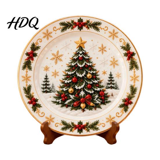 Winter Holiday Plate Wooden Christmas Round Plate Santa Snowman Stocking Tree Bell Sleigh Dish Table Centerpiece Decor Xmas Tabletop Ornament