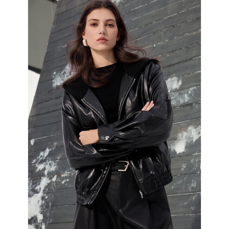ELLE Women's Hooded Faux Leather Short Jacket