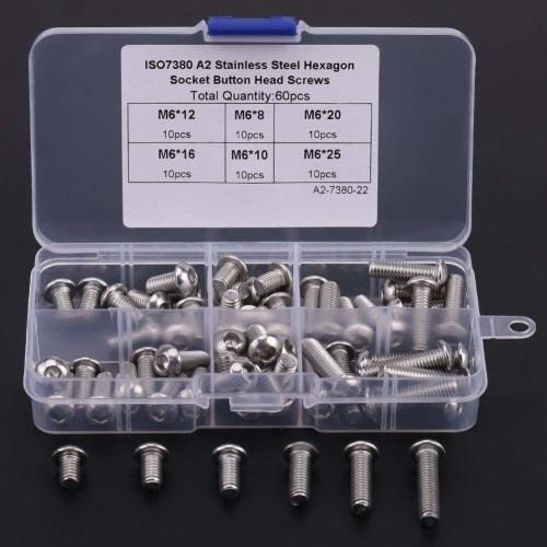 60-Piece M6 Stainless Steel Round Head Hex Socket Bolts with Plastic Case