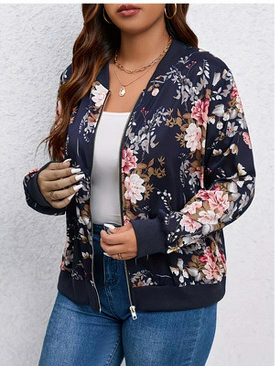 Elegant Floral Zippered Long Sleeve Baseball Collar Jacket - Plus Size for Autumn & Winter
