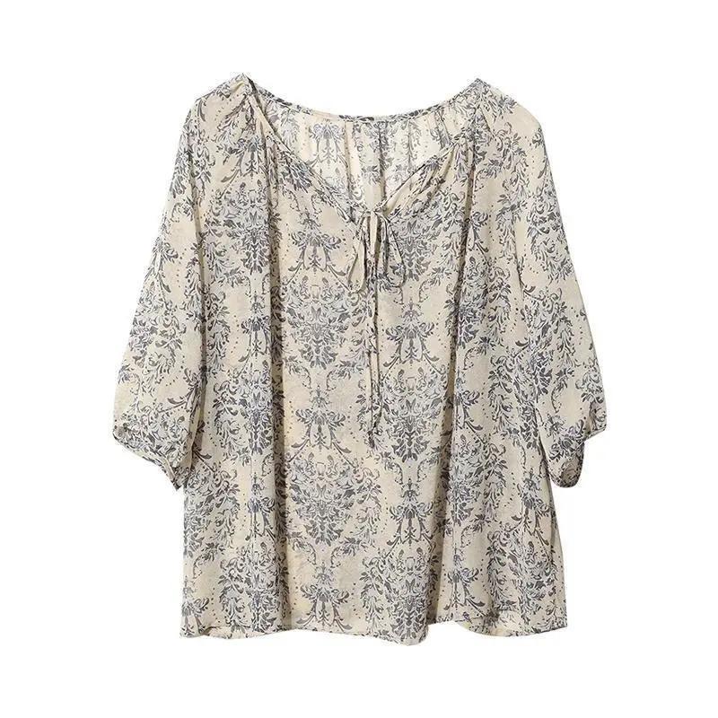 Spring New Style Fashionable and Age Reducing Lace Up V-neck Printed Seven Quarter Sleeve Western Style Chiffon Belly Cover Top