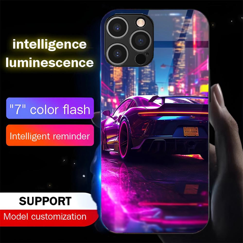 Luxury Supercar Design Smart LED Light Glow Tempered Glass Phone Case For IPhone Samsung