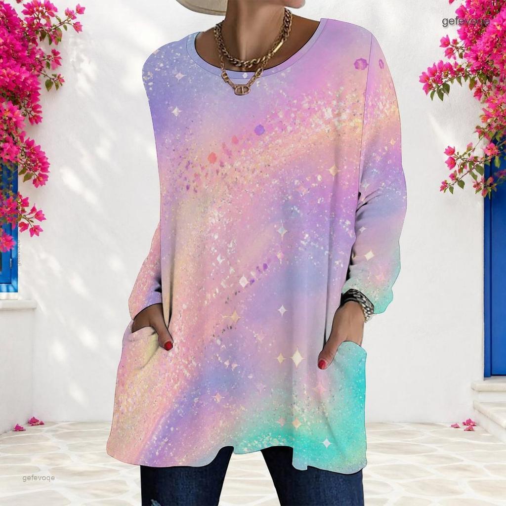 Women Plus Size Round Neck Long Sleeve Black Multicolor Printed Loose Longline T Shirt With Pockets