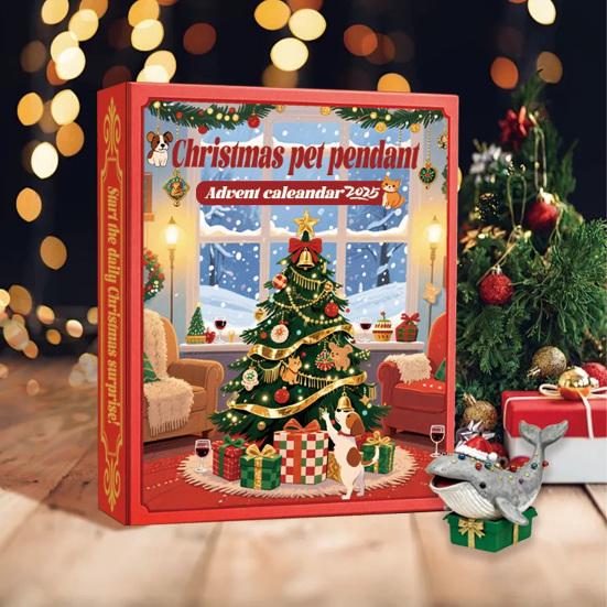 Julekjæledyranheng Adventskalender 2025 24 dager Akryl Dyrepynt med Krage-ringer Morsom Nedtellingsgave for Kjæledyreelskere & Treddekor