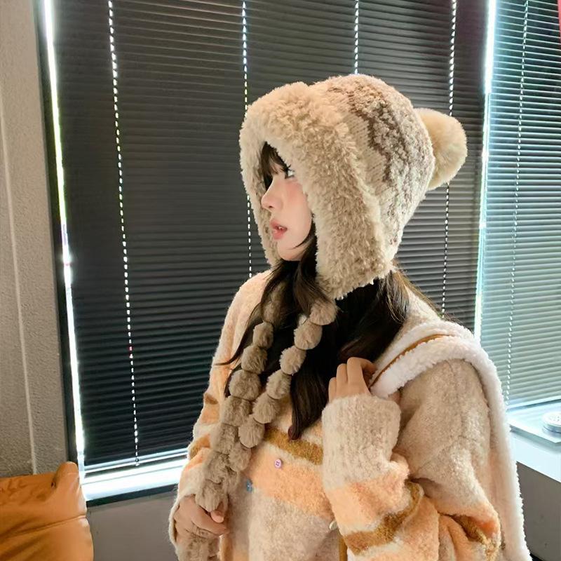 Autumn and winter new national style ball braid pullover hat, plush warm face small splicing plush knitted hat