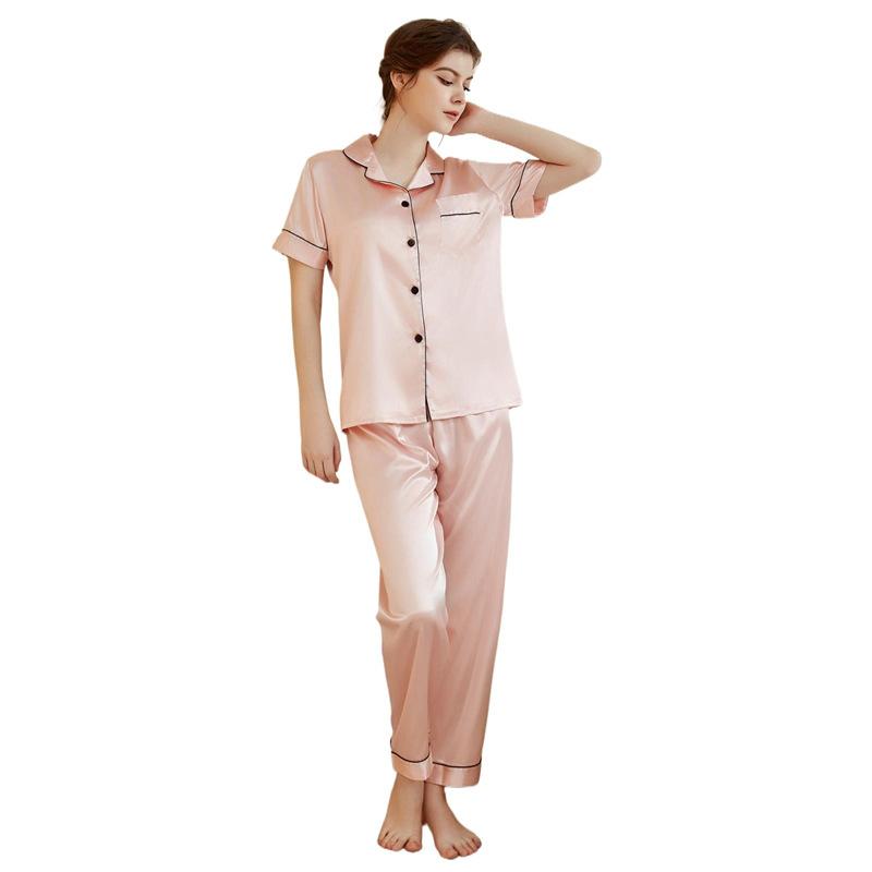 Improved pajamas women's summer solid color simple short-sleeved trousers casual women's lapel loungewear set