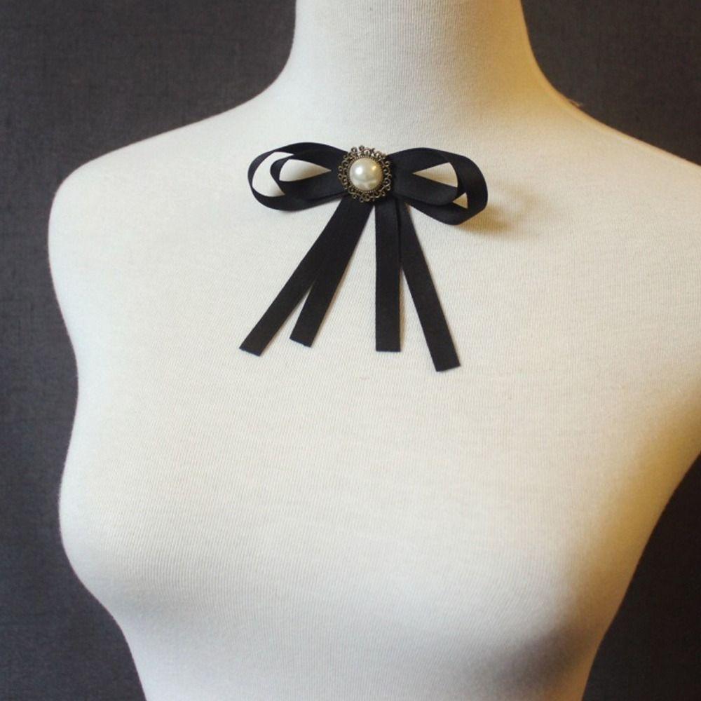 Rhinestone Pearl Bow Blouse Collar Pin Brooch Black Shirt Bowtie Ribbon Bow Tie  For Women Girls