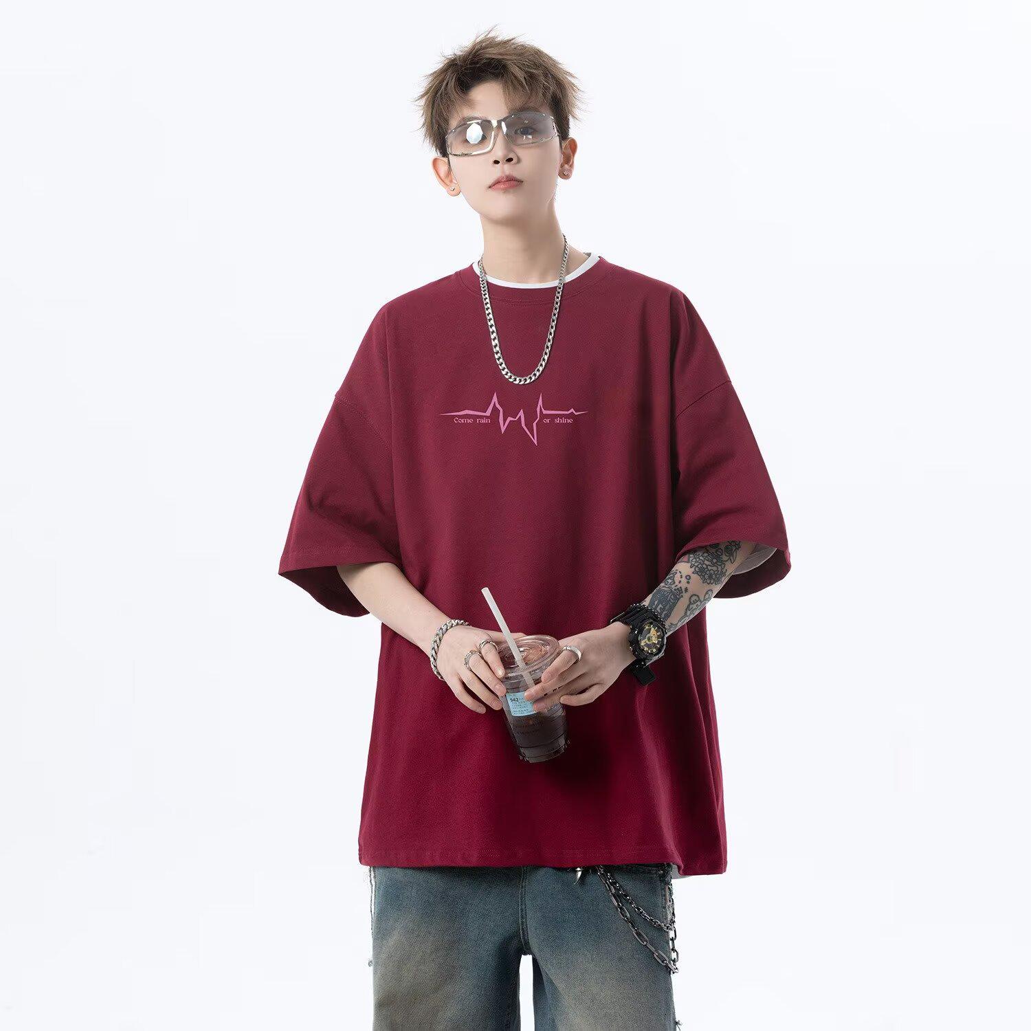 

Fashionable Unisex Loose-Fit Short Sleeve T-Shirt, Summer Casual Top, Ideal for Couples Medium вина червоного кольору