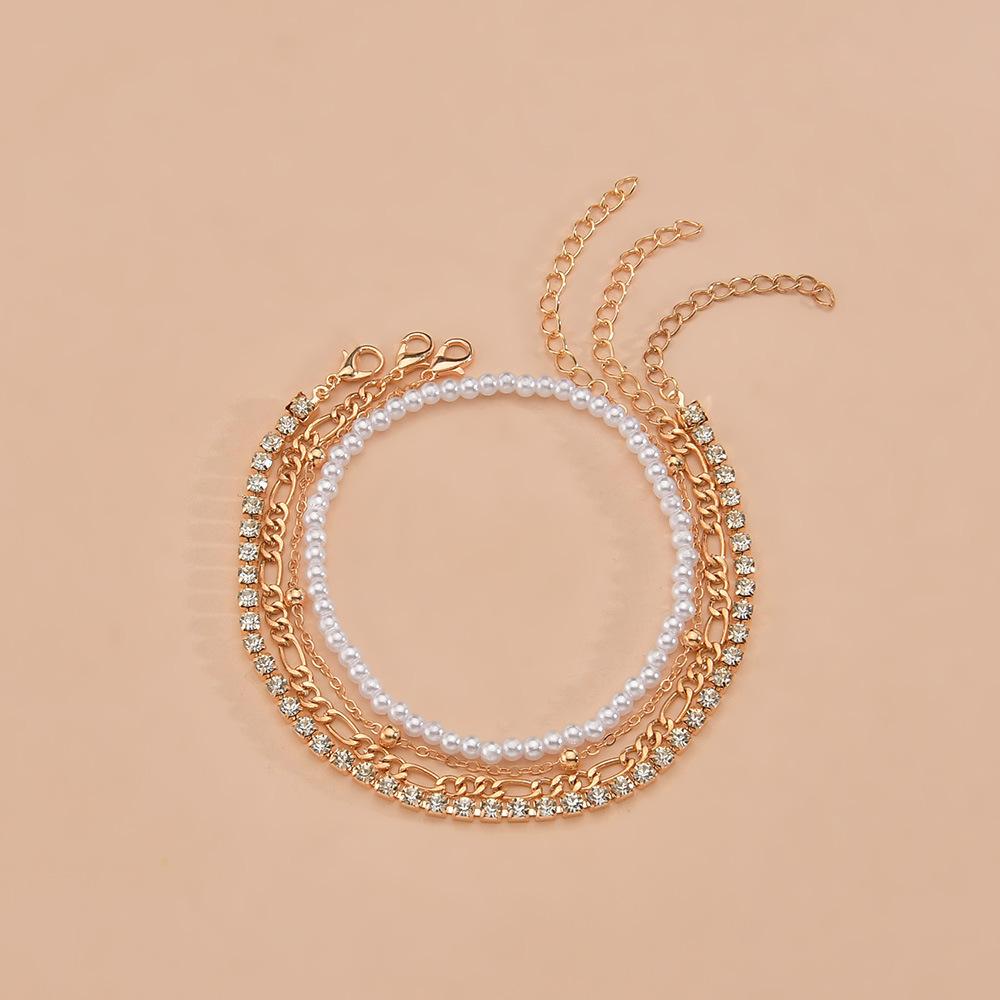 Hot summer seaside beach pearl beaded rhinestones women multi-layered anklets