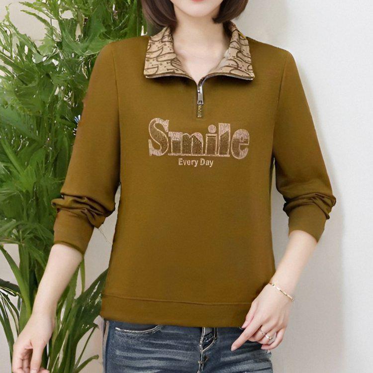 2024 Autumn Women's Letter Zipper Lapel Sweatshirt - Mom-Style Long Sleeve with Sparkling Details
