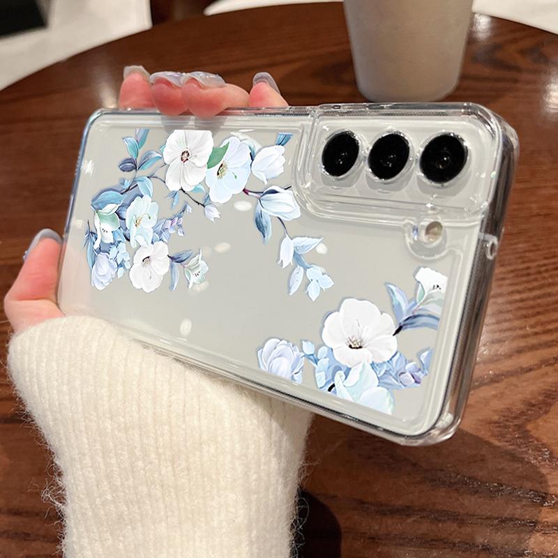 Flower Print Transparent Phone Case For Samsung Galaxy S25 S24 S22 Ultra S23 S24 FE A17 A56 A16 A36 A26 A55 A15 A25 A54 5G Shockproof Soft Back Cover