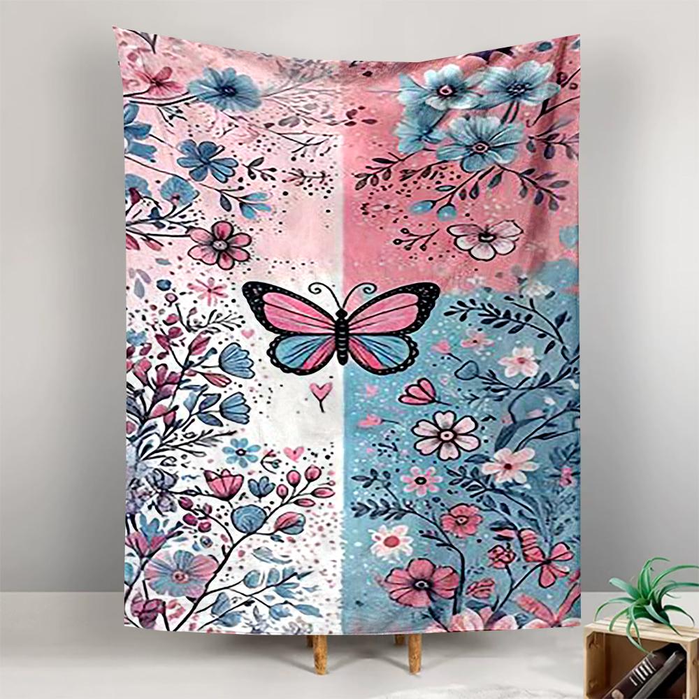 Pink and Blue Butterfly Floral Patterned Tapestry for Bedroom and Living Room Home Decor