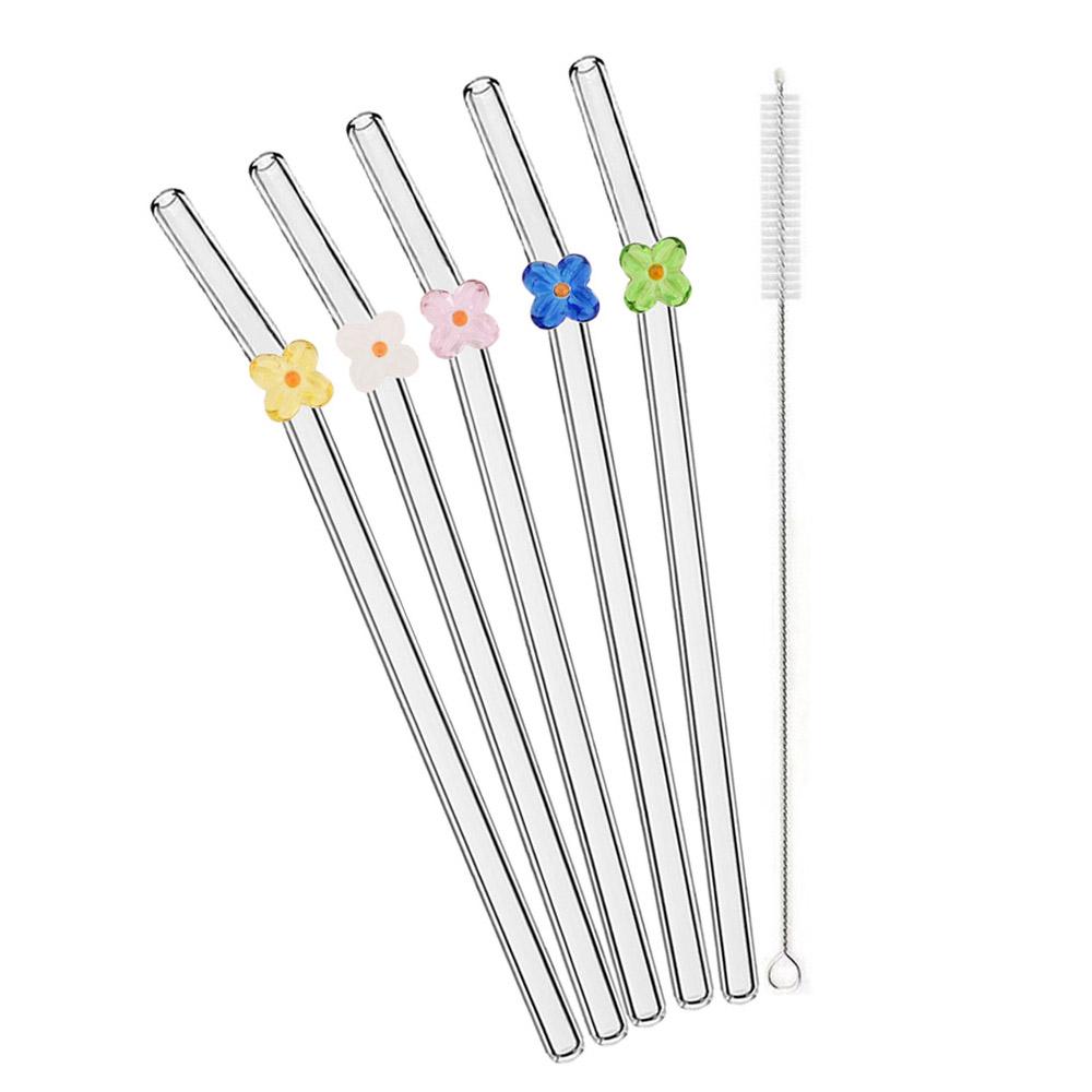 6Pcs Drinking Straw with Brush Set High Borosilicate Glass Flower Bent Straws Set Milk Coffee Shake Cocktail Straw Bar Drinkware
