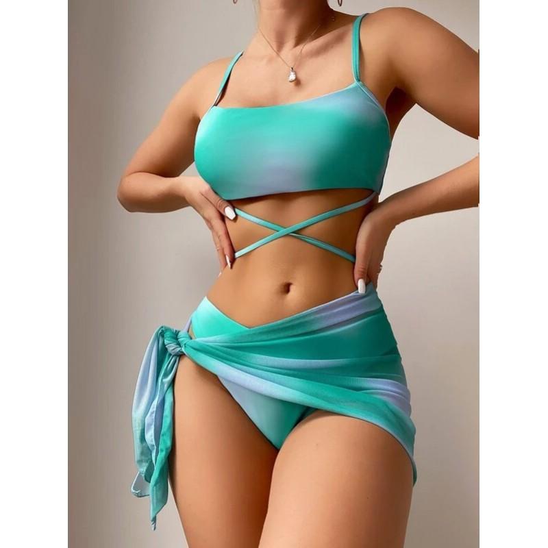Womens Tie-Dye Print Adjustable Backless 3-Piece Bikini Set With Padded Cups Pool Beach Vacation Swimwear