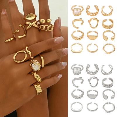 1 Set Stackable Rings Set V-Shaped Geometric Finger Rings Flower Engraved Cutout Design Stackable Finger Bands Jewelry Gift