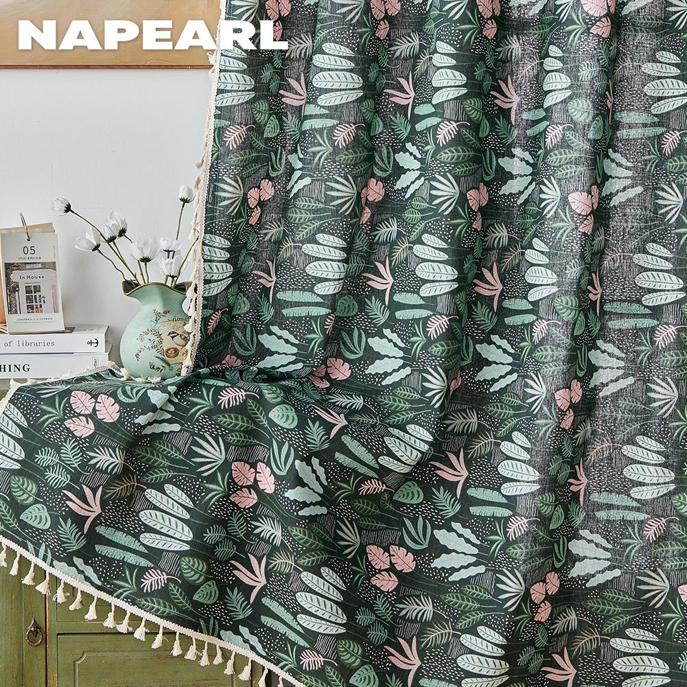 1PC NAPEARL Semi Blackout Curtain with Green Water Grass Pattern and Flowing Edge Curtain for Small Window Kitchen Bedroom Living Room Home Decor