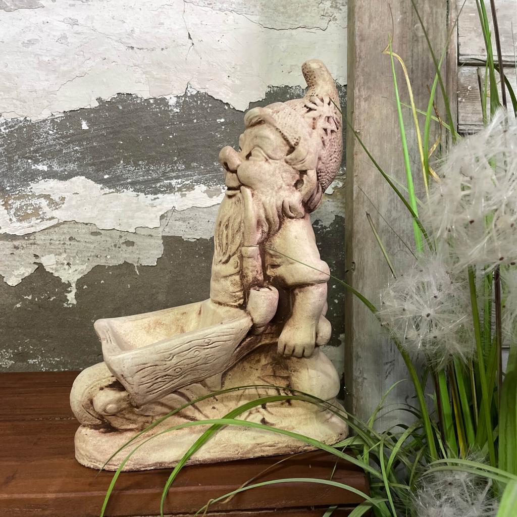 Garden Figure Dwarf with a Wheelbarrow Hand-made of Concrete