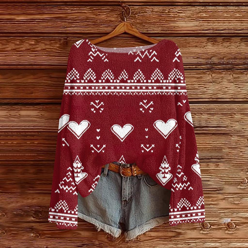 Women's Round Neck Lightweight Sweater Casual Long Sleeve Christmas Print Knit Pullover.