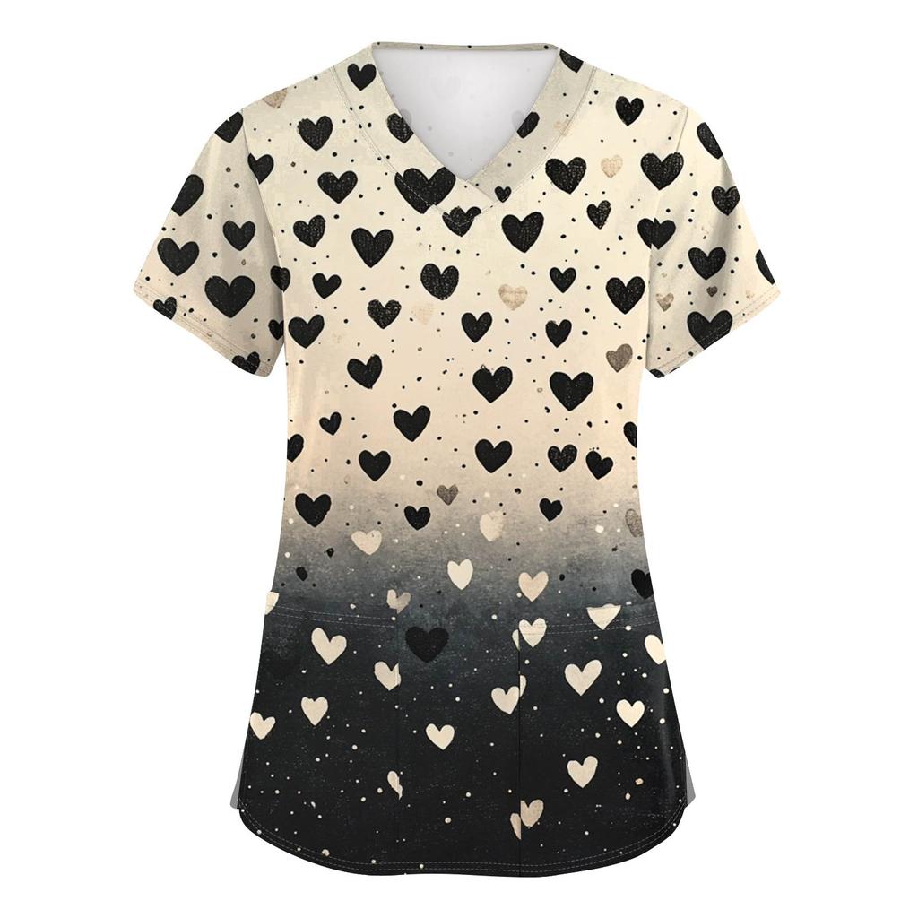 Women's Fashion V-Neck Short-Sleeved Workwear With Pockets Valentine's Day Printed Top Caregiver Uniform