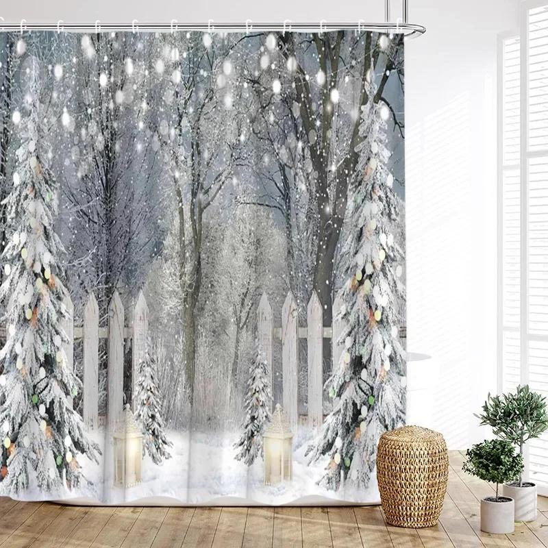 Christmas Reindeer Shower Curtain Winter Xmas Trees Full Moon Moose New Year Home Bathroom Decoration Bath Curtains
