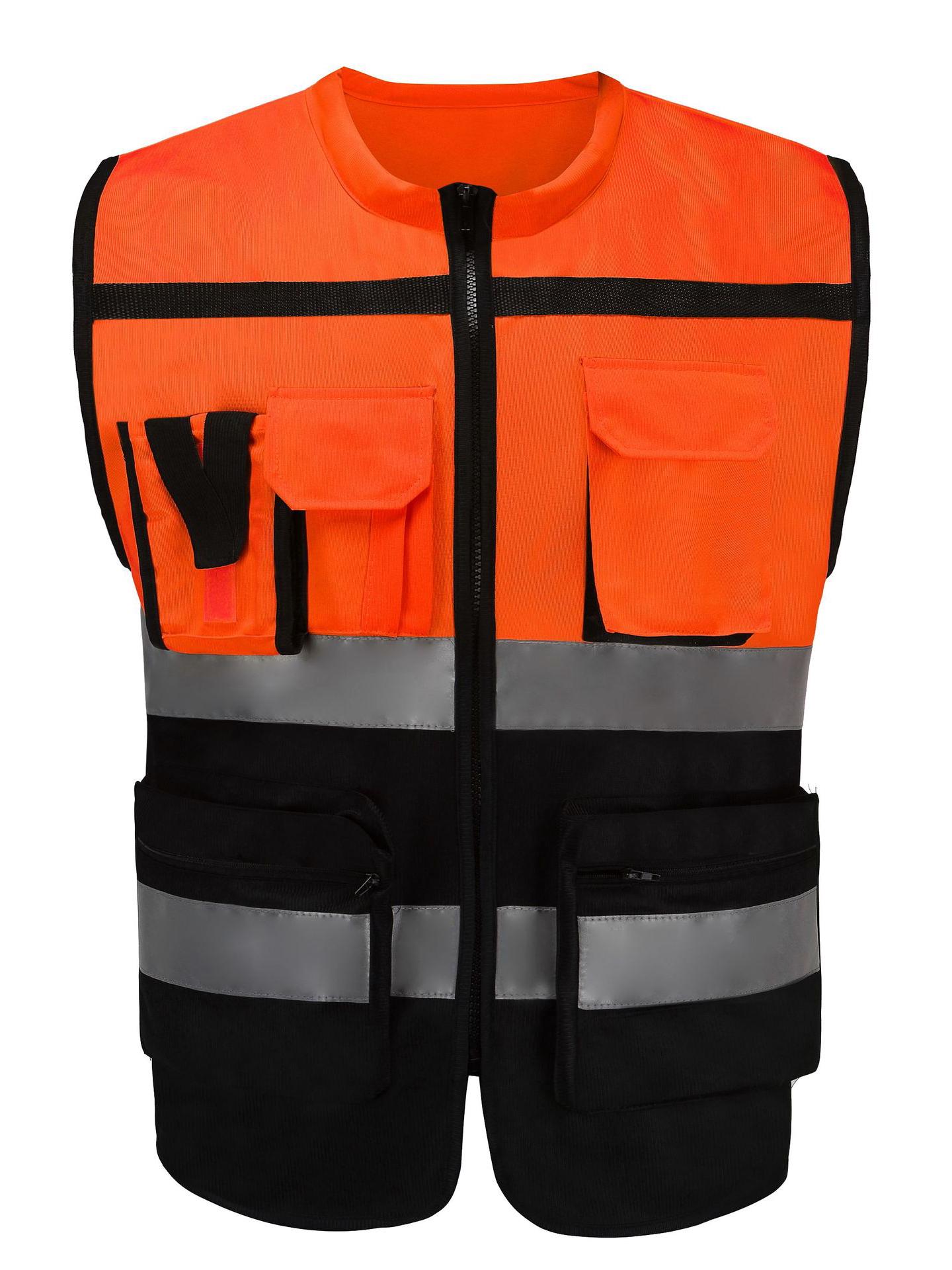 

High-Visibility Multi-Pocket Reflective Vest - Color Block, Stand-Up Collar for Traffic Safety