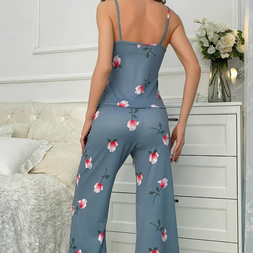 Summer Pajamas Set Women Shorts&Sleeveless Set Round Neck Sleepwear Young Girls Pink Flower Print Print Loungewear Homewear Pyjamas